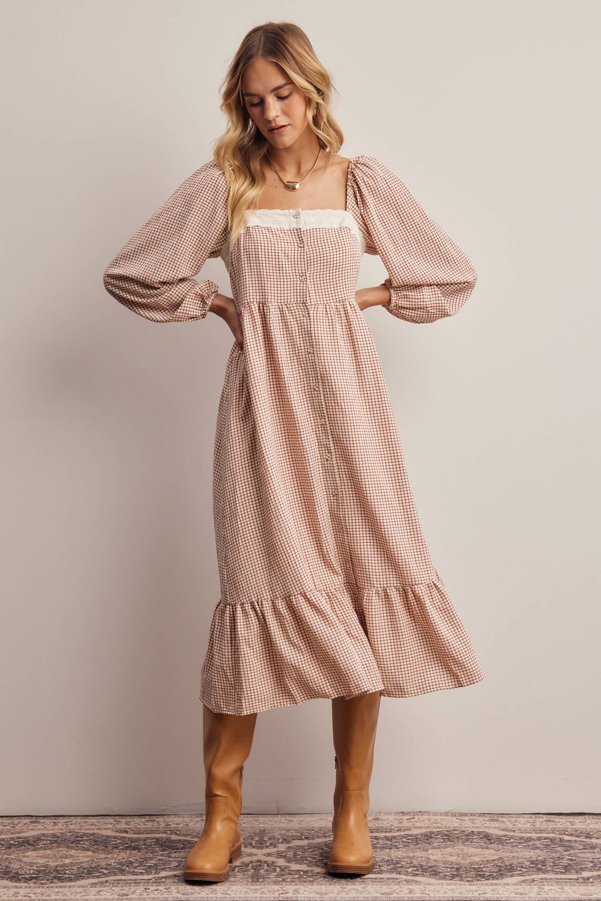 Lace Trim Gingham Midi Dress FD0069: Ivory Red / Contemporary / M