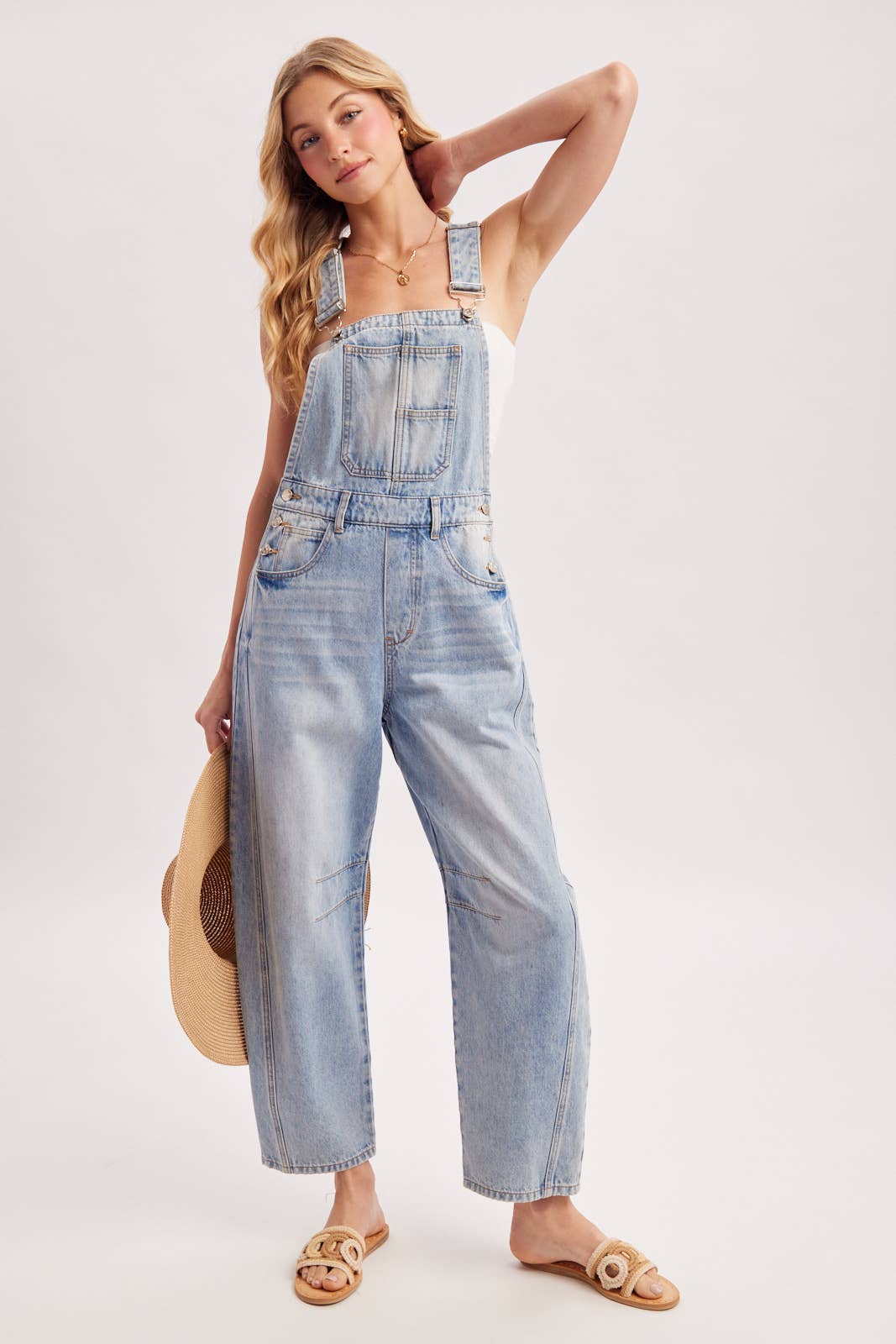 DENIM BARREL OVERALLS: LT.WASH / L