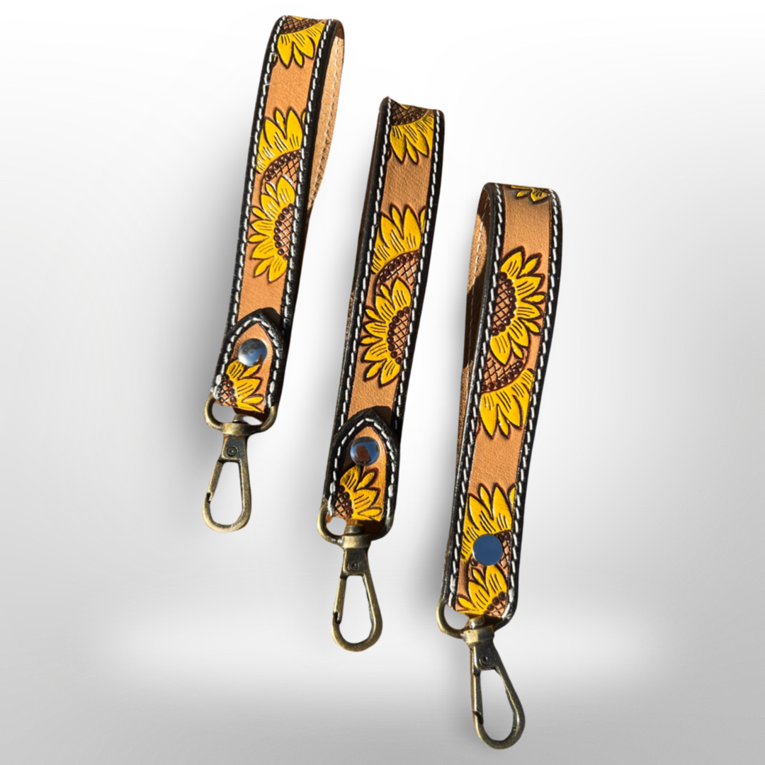 Tooled Leather Sunflower Keychain