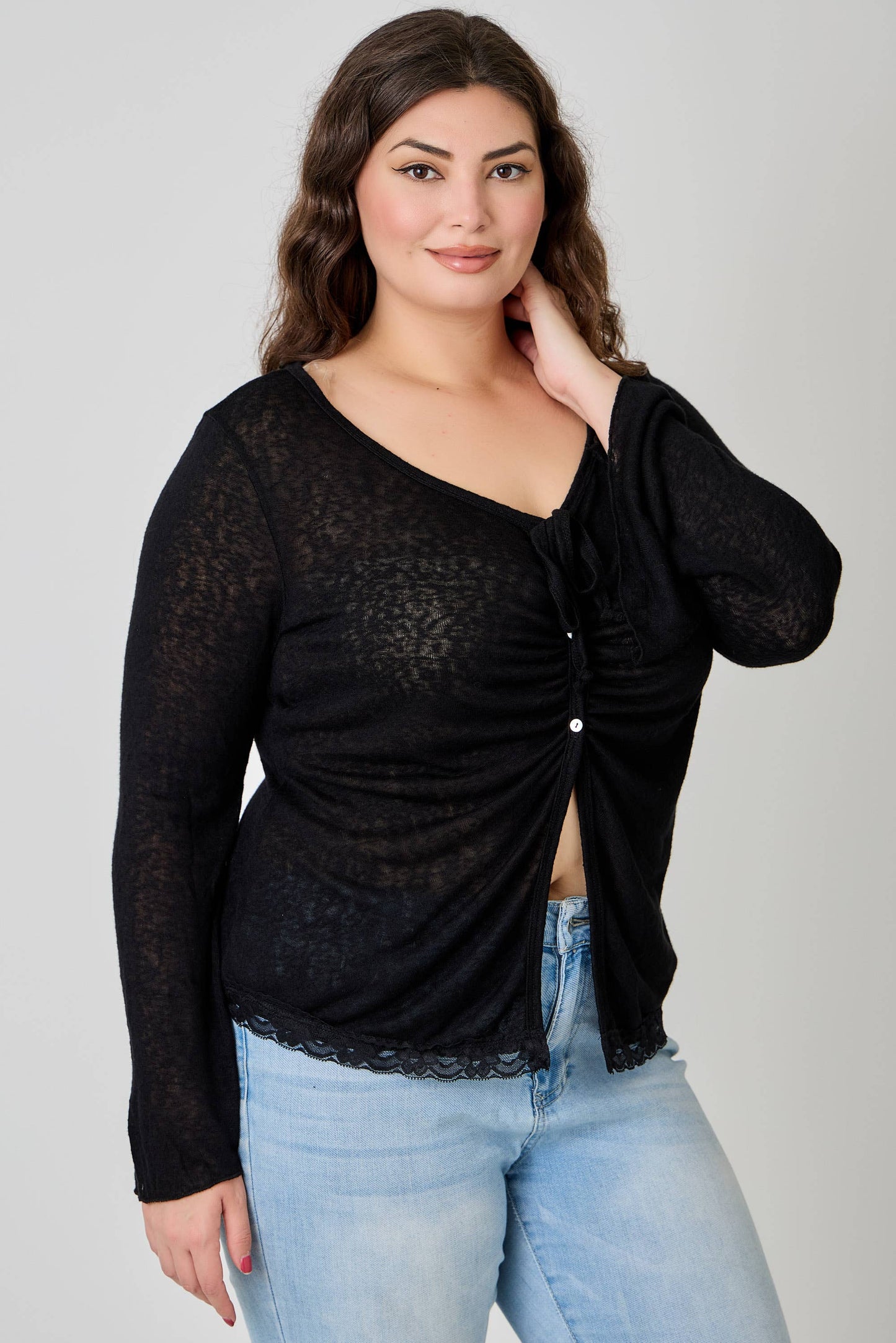 Plus Size Lightweight Knit Front Tie-Front Cardigan