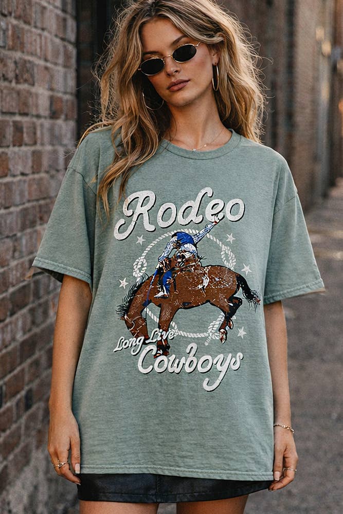 Rodeo-Long Live Cowboys Western Teal T-Shirt