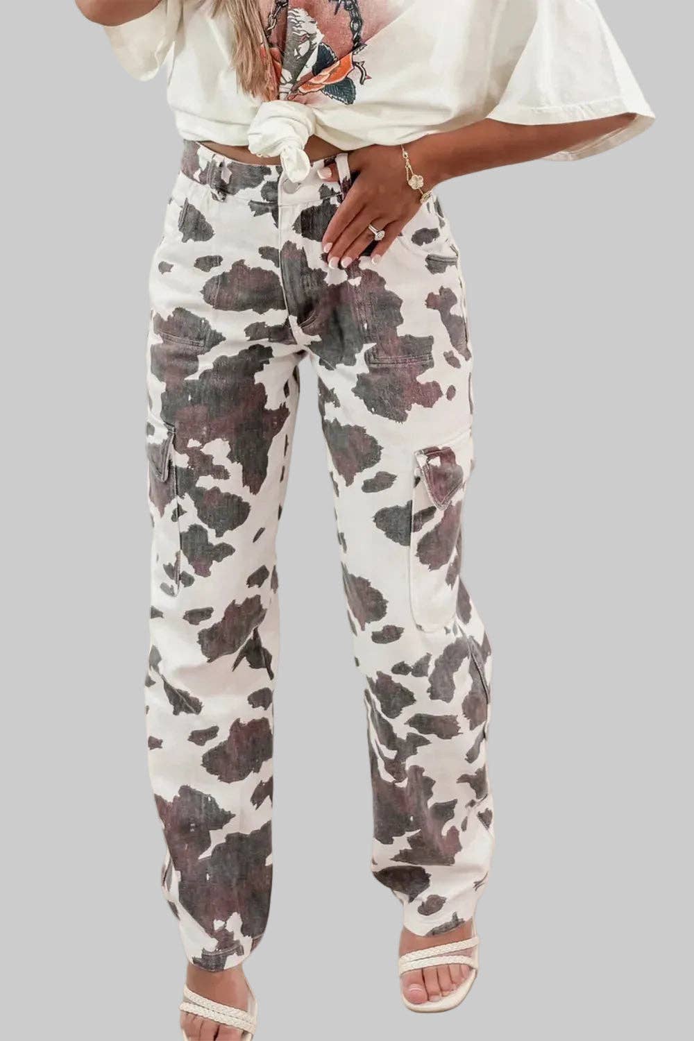 Brown Cow Spots Printed Multi Pocketed Jeans