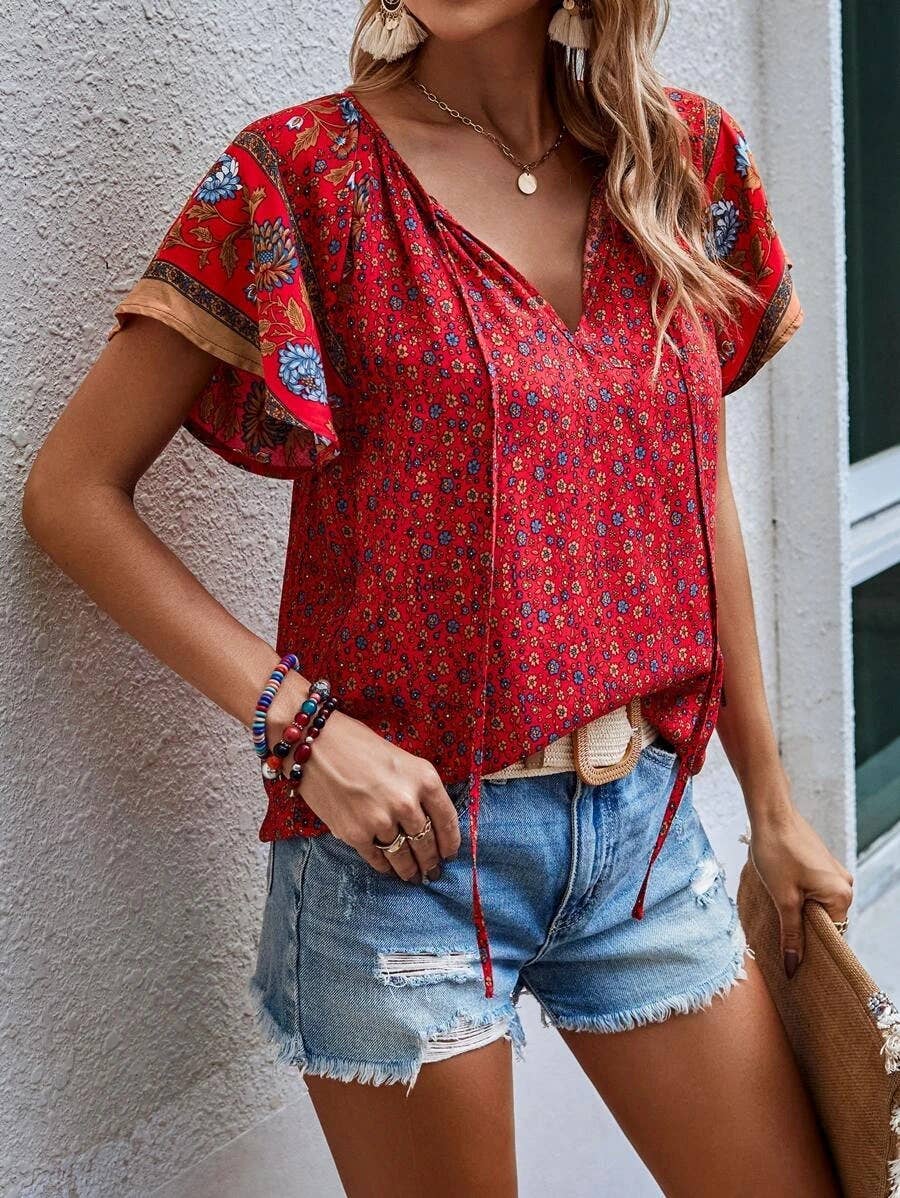 PRINTED V-NECK SHORT-SLEEVED LOOSE SHIRT