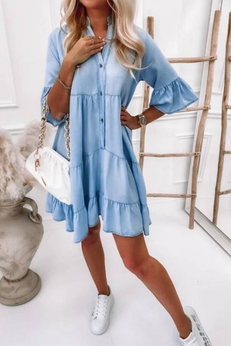Women Casual Denim Shirt Dress Short Sleeve A Line