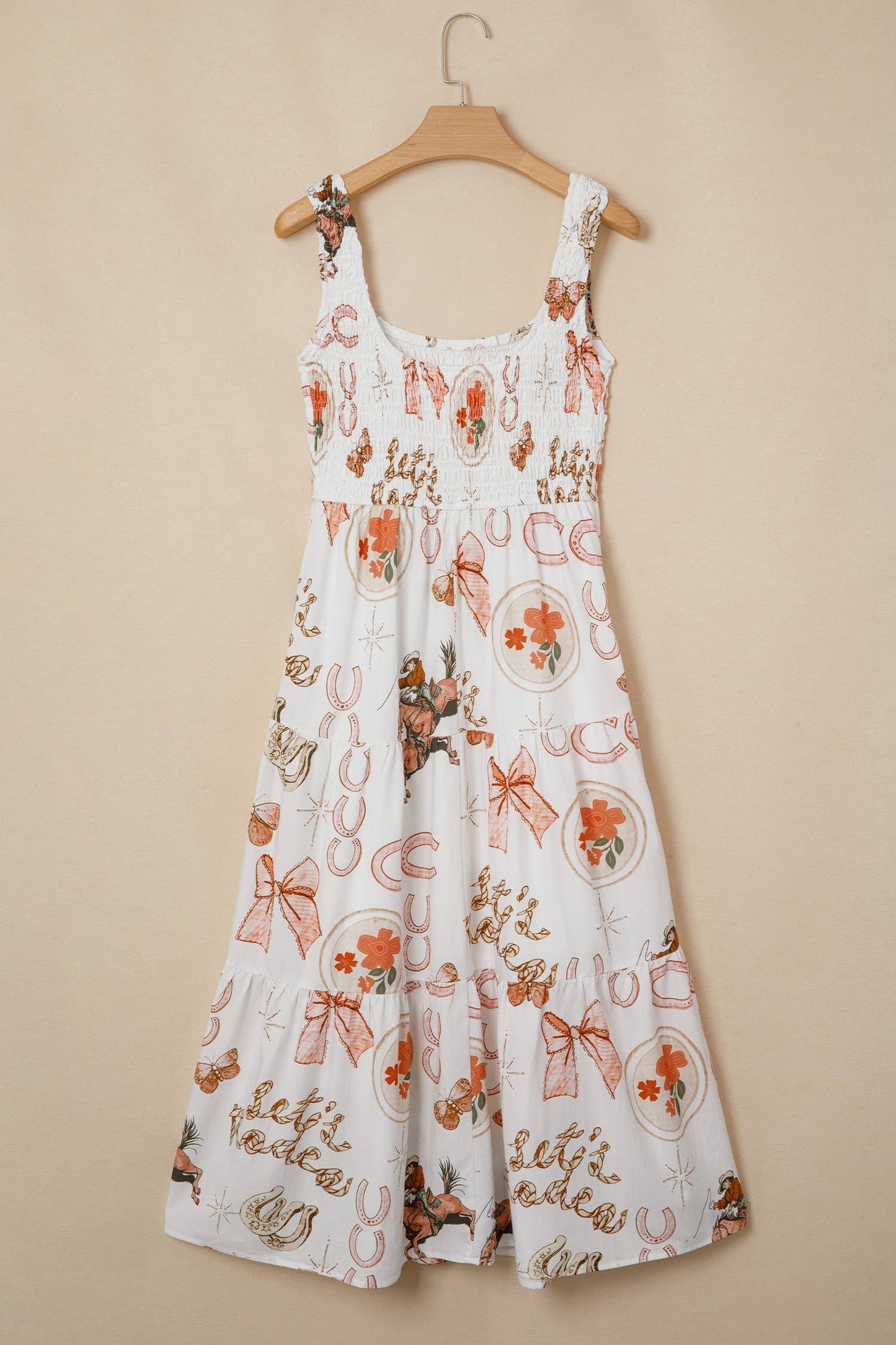 Western Horseshoes Printed U Neck Smocked Midi Dress