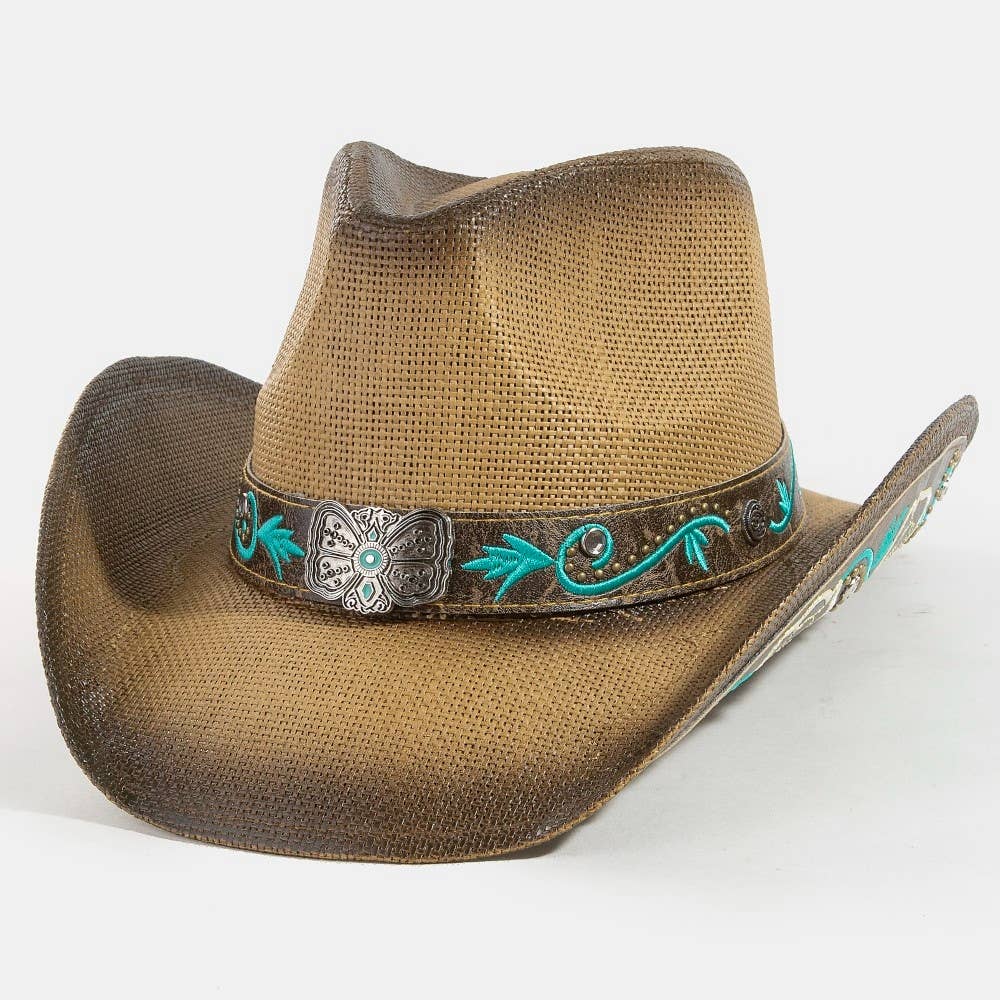 Western Butterfly Concho Detail Straw Cowboy Hat