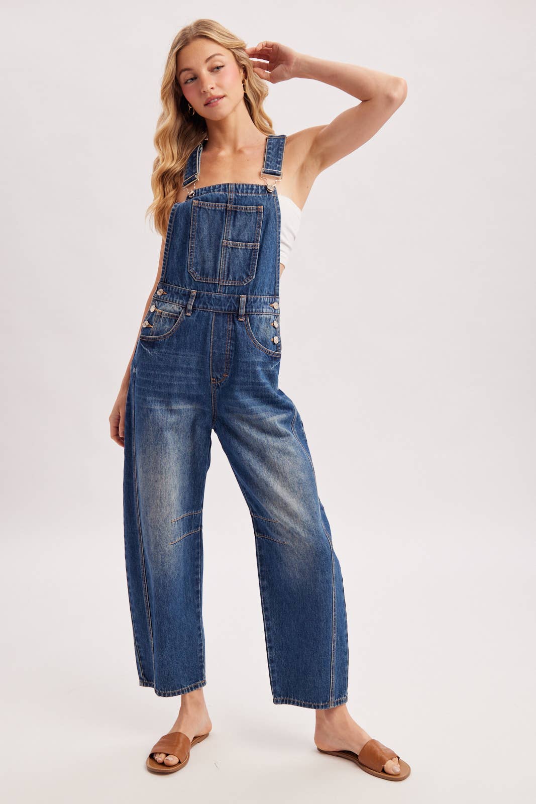 DENIM BARREL OVERALLS: LT.WASH / L