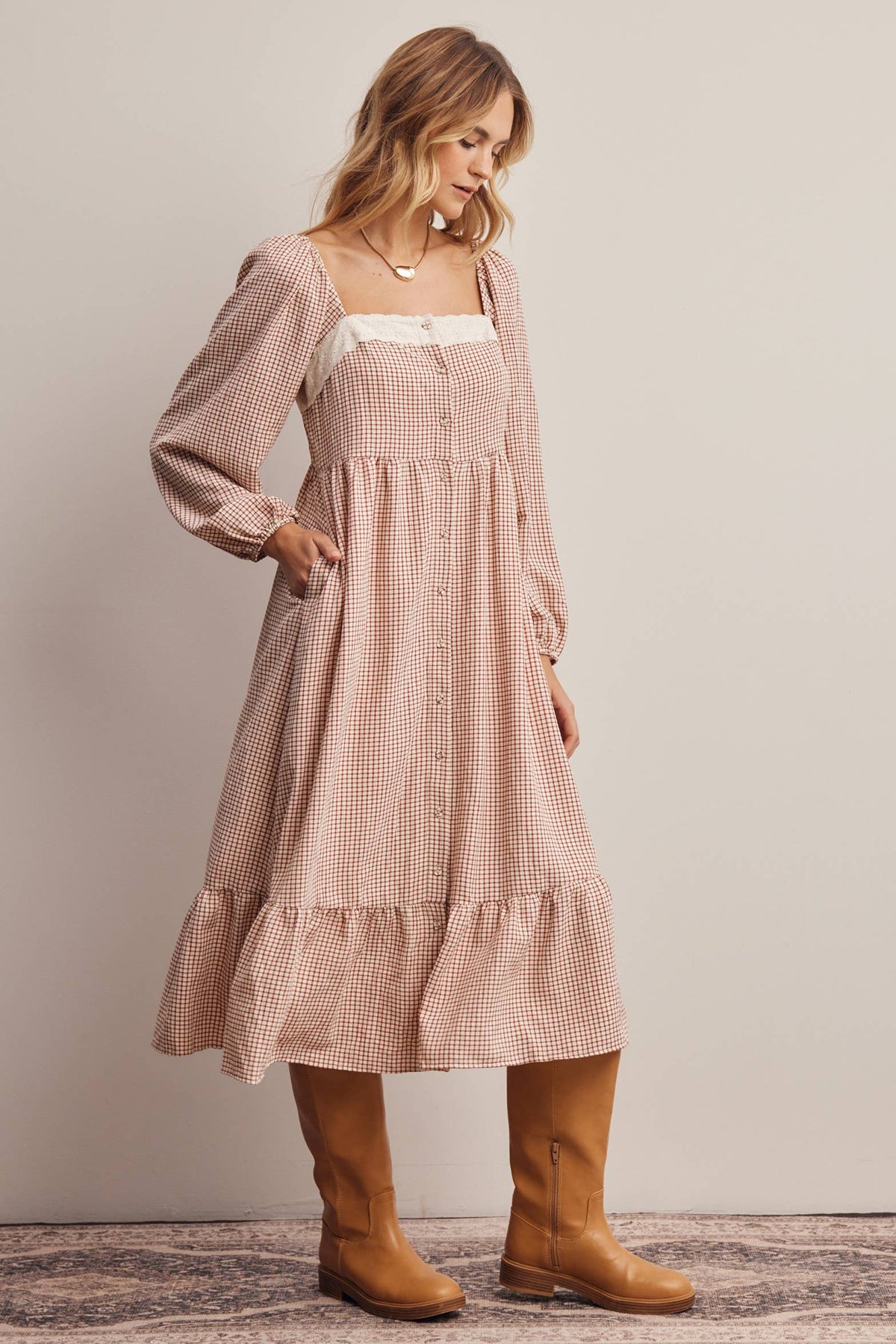 Lace Trim Gingham Midi Dress FD0069: Ivory Red / Contemporary / M