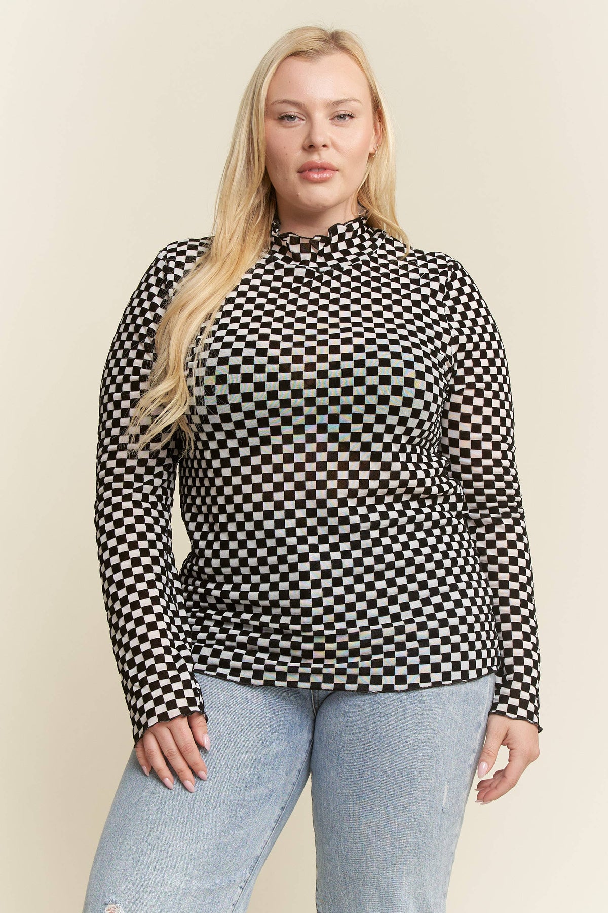 CHECKERED MESH MOCK NECK
