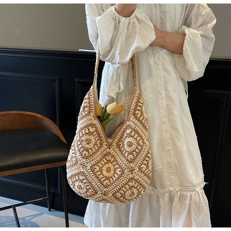 Crochet Knit Tote Bag Boho Shoulder Bag for Women: Khaki