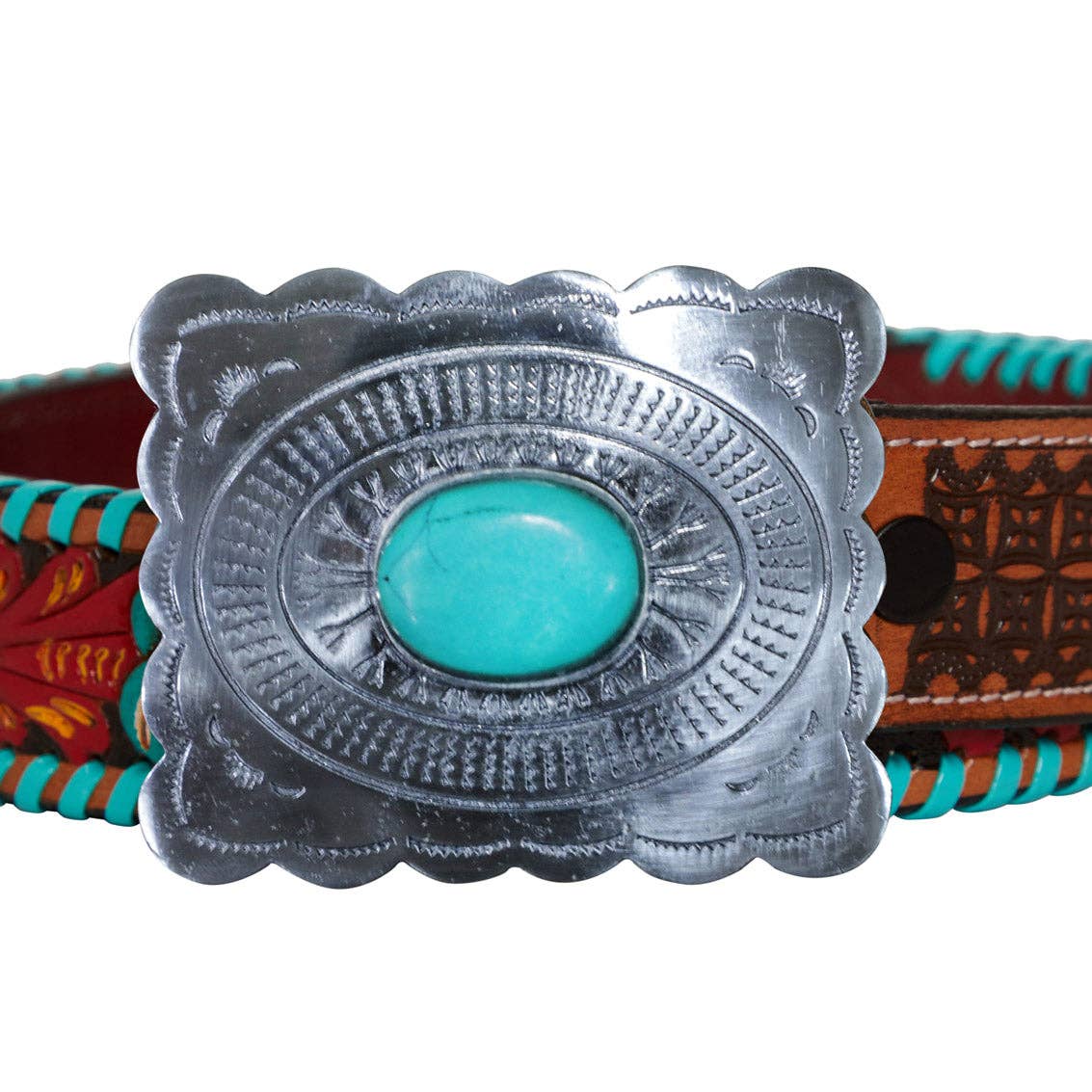 Tropical Forest Hand-Tooled Leather Women's Belt: Multicolor / MEDIUM