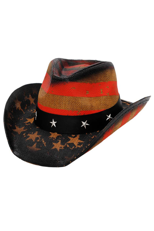 Vintage American Flag Star Brim Straw Cowboy Hat