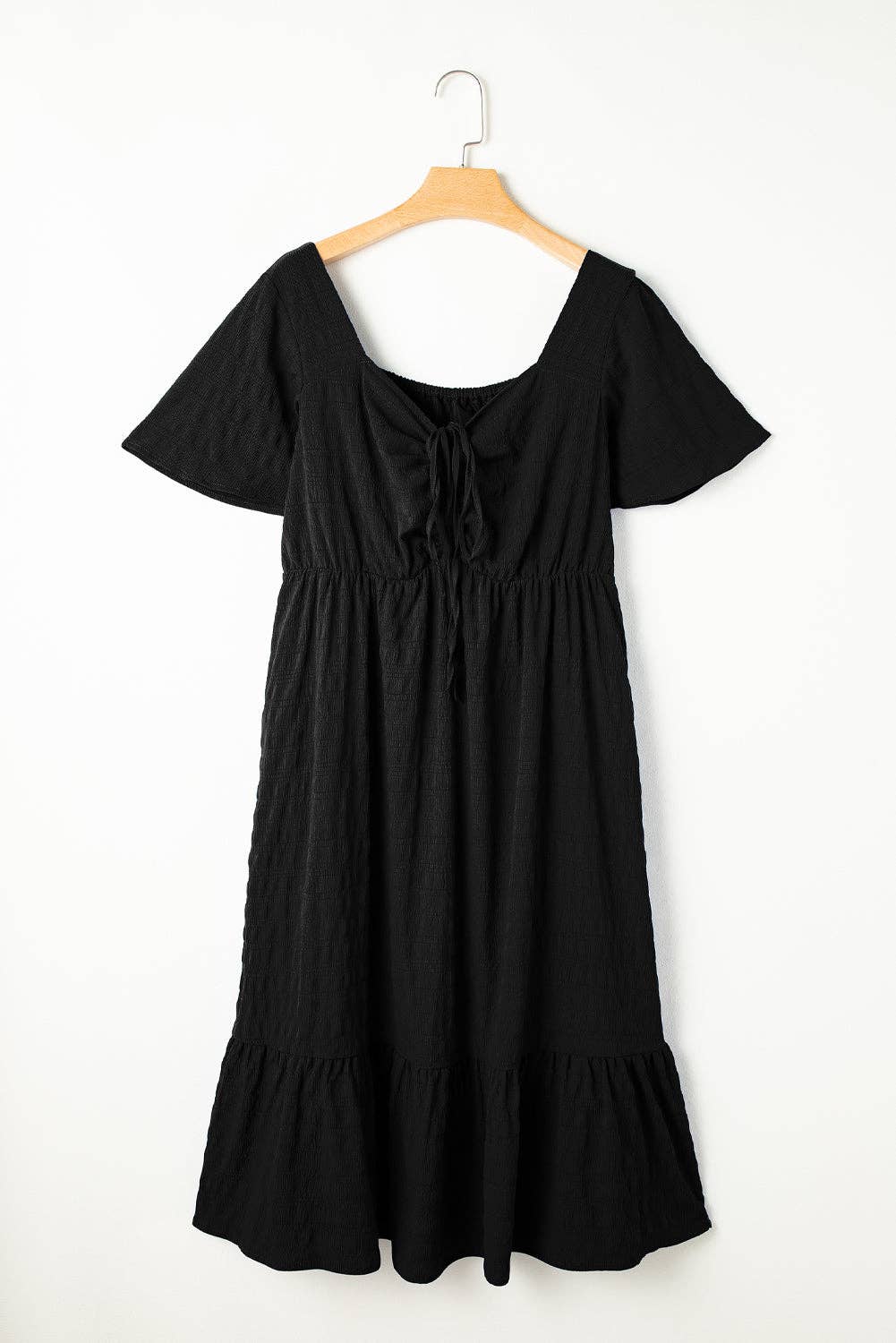 Black Plus Size Short Sleeve Lace-up High Waist Midi Dress: Black / 100%Polyester / 1X