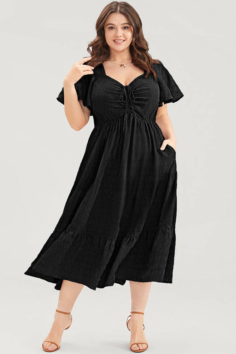 Black Plus Size Short Sleeve Lace-up High Waist Midi Dress: Black / 100%Polyester / 2X
