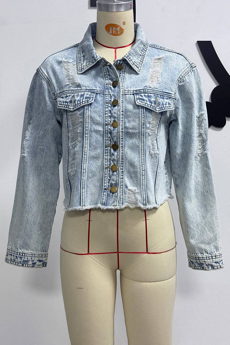 Distressed Casual Denim Jacket: BLUE / M