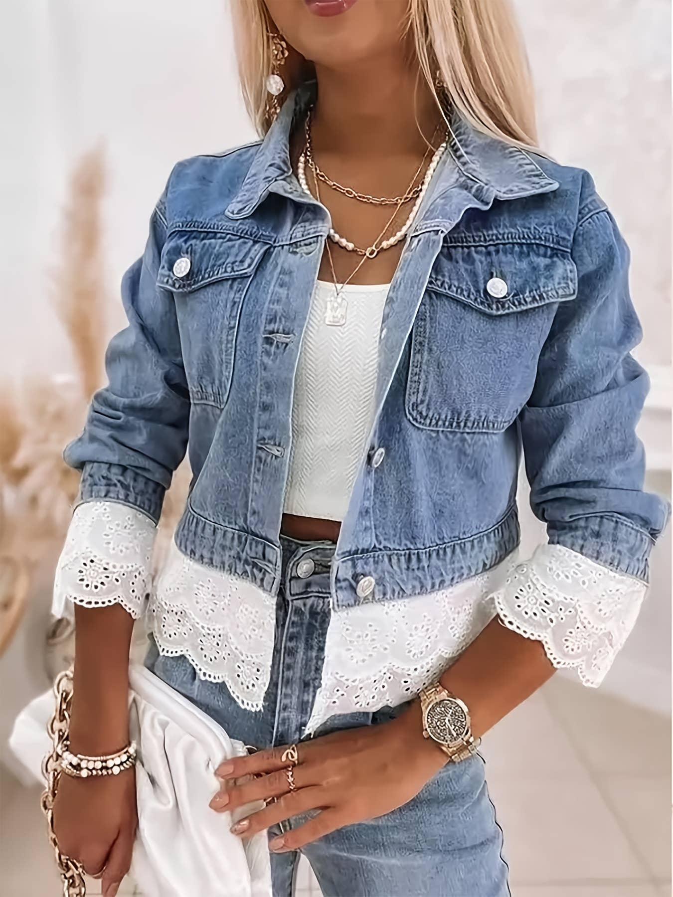 Boho Lace Trim Denim Jacket