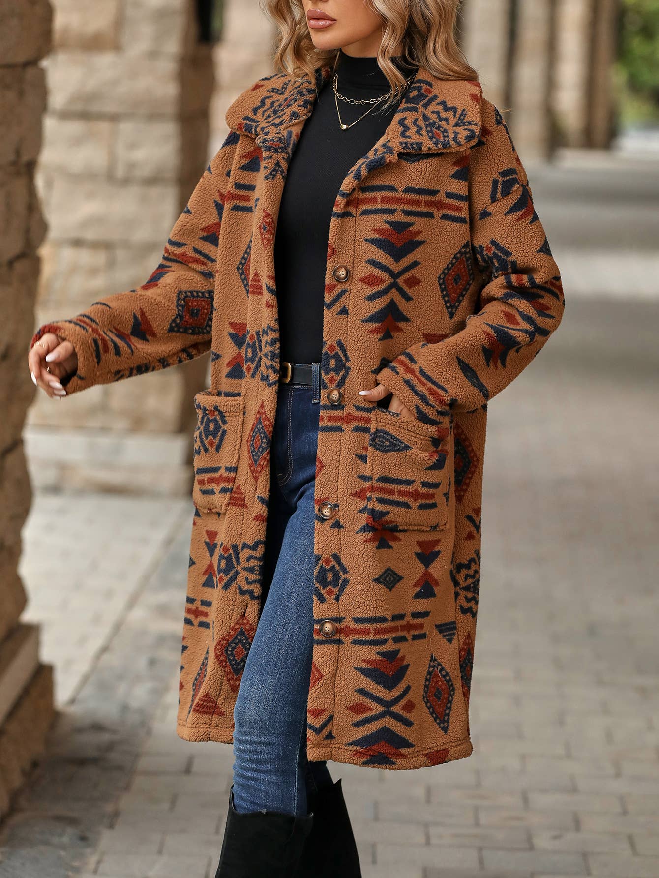 Aztec Faux Fur Lapel Coat