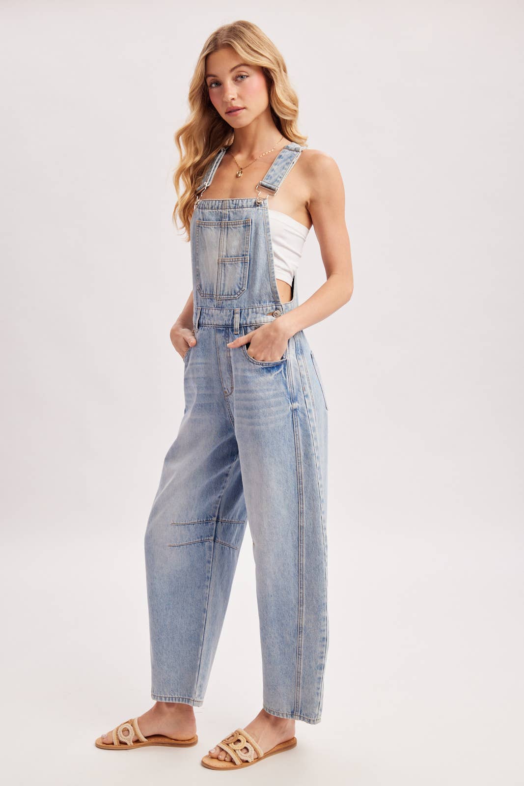 DENIM BARREL OVERALLS: LT.WASH / M