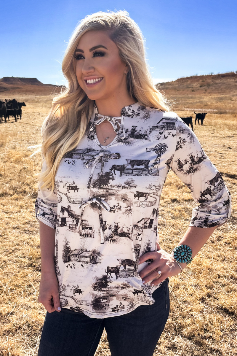 Farm Fresh Toile Bow Top: L