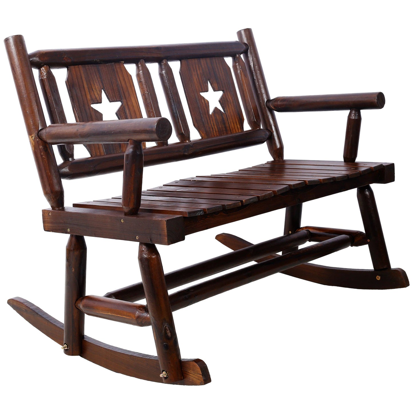 Rustic Brown Outdoor Wood Double Rocking Bench