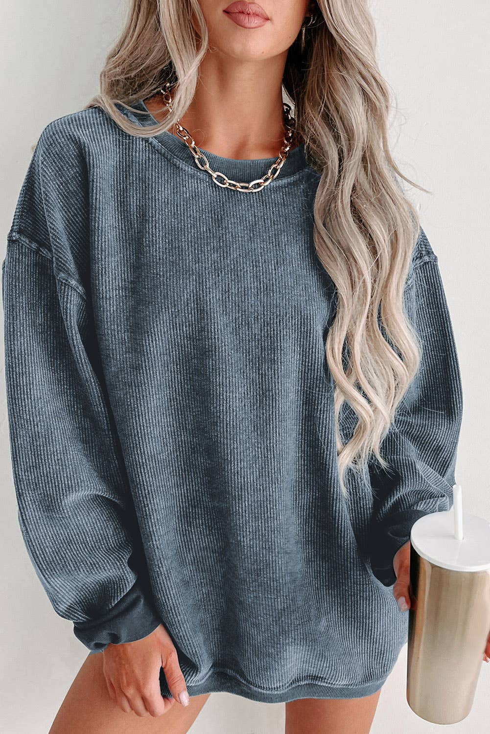 Solid Ribbed Knit Sweatshirt