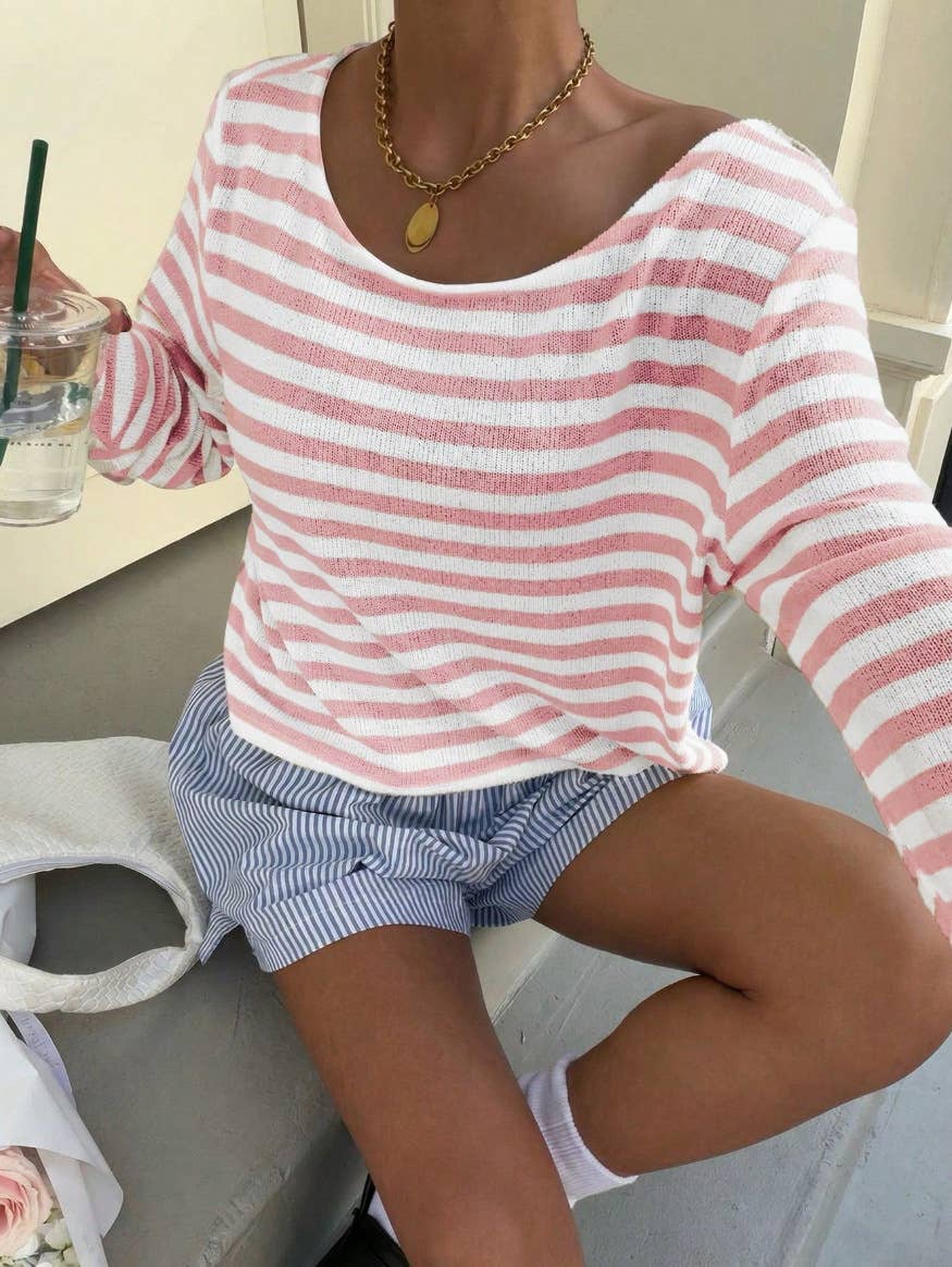 Effortless Chic Off Shoulder Contrast Striped Knit Top: Khaki / 2XL