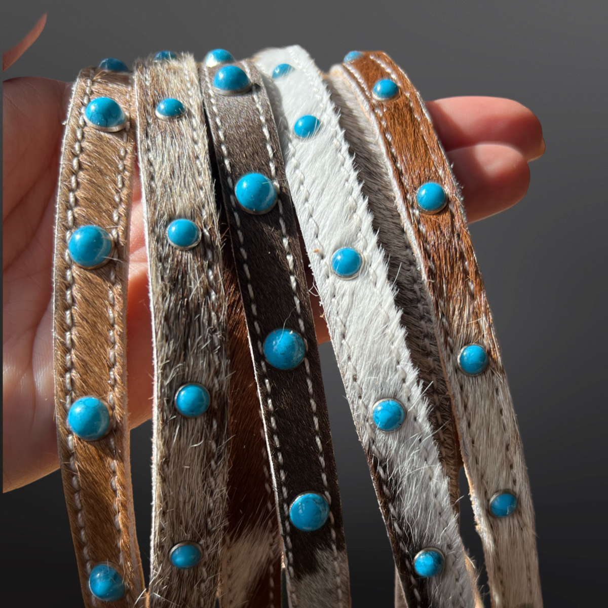 Western Hair On Cowhide Leather Turquoise Bead Hat Band