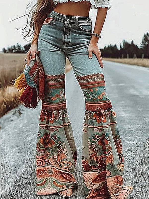 Flared Pants Floral Printed High-Waisted