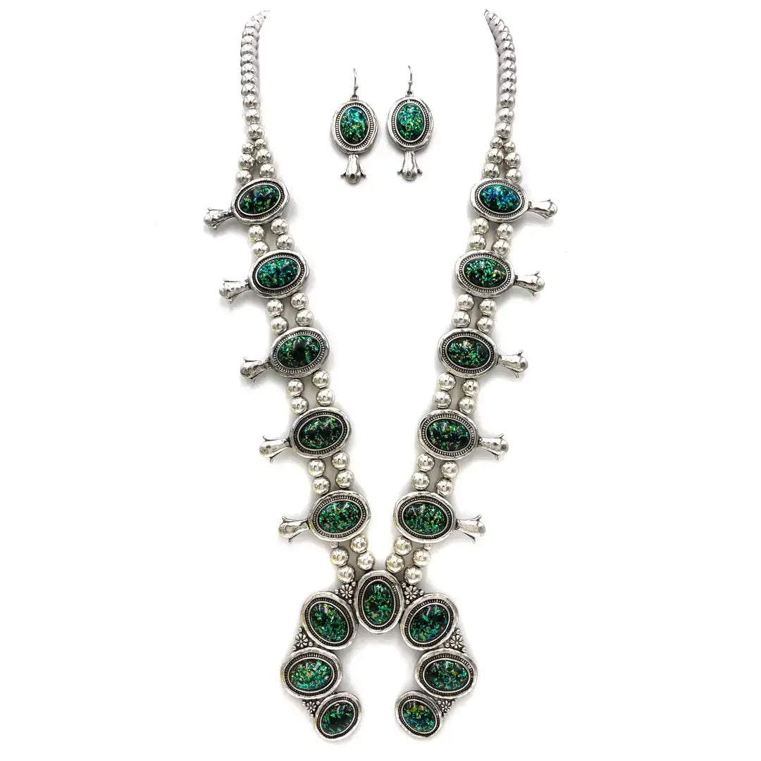 Squash Blossom Glittering Amazonite Necklace Earrings Set