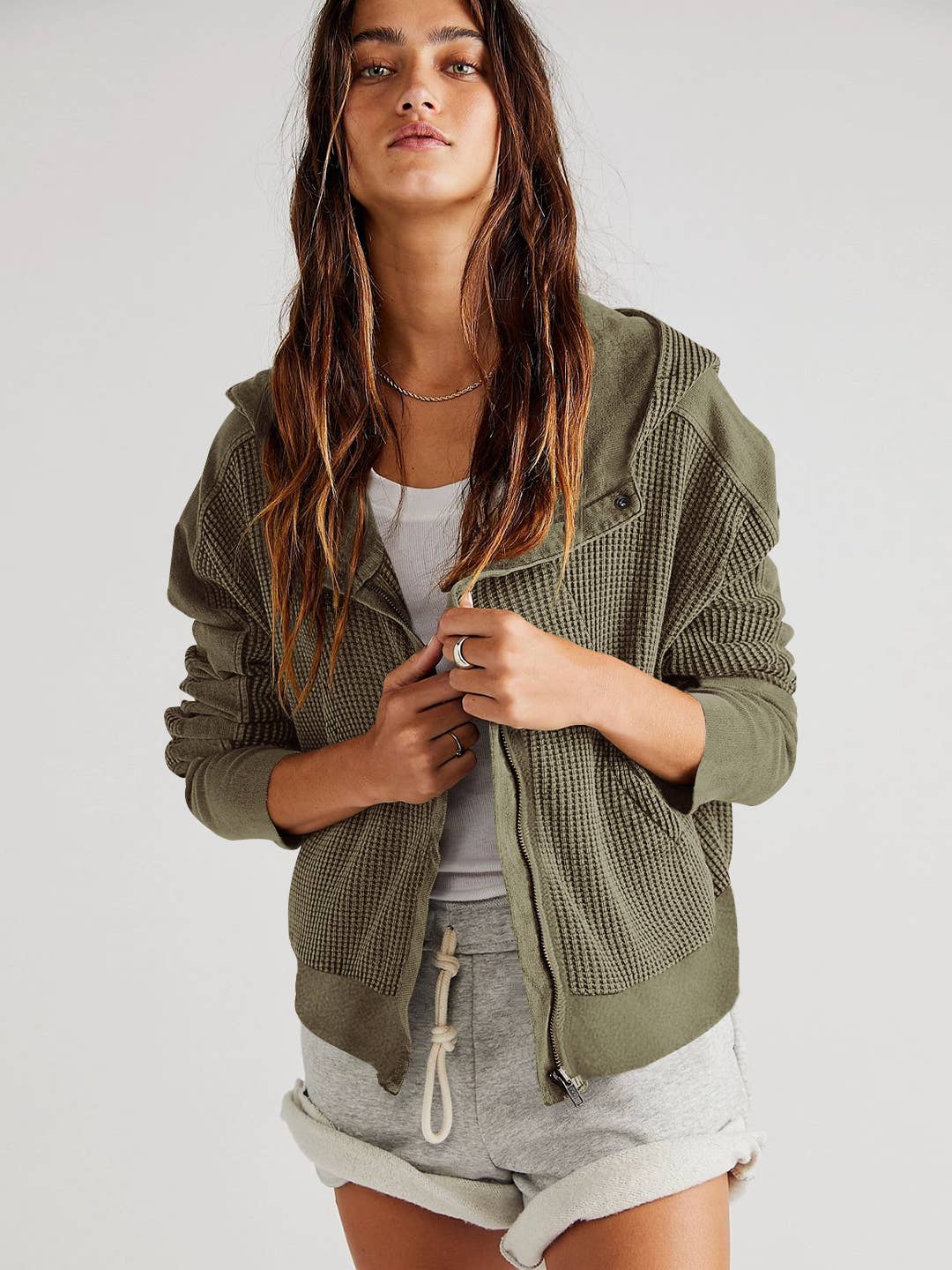 Waffle crop hooded jacket