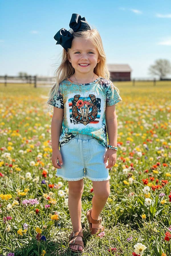 XCH0722-102H Horse shoe & bull skull printed girls t-shirt: M-3/4
