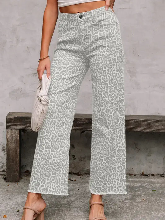 Gray Leopard Frayed Edge Wide Leg High Waist Jeans
