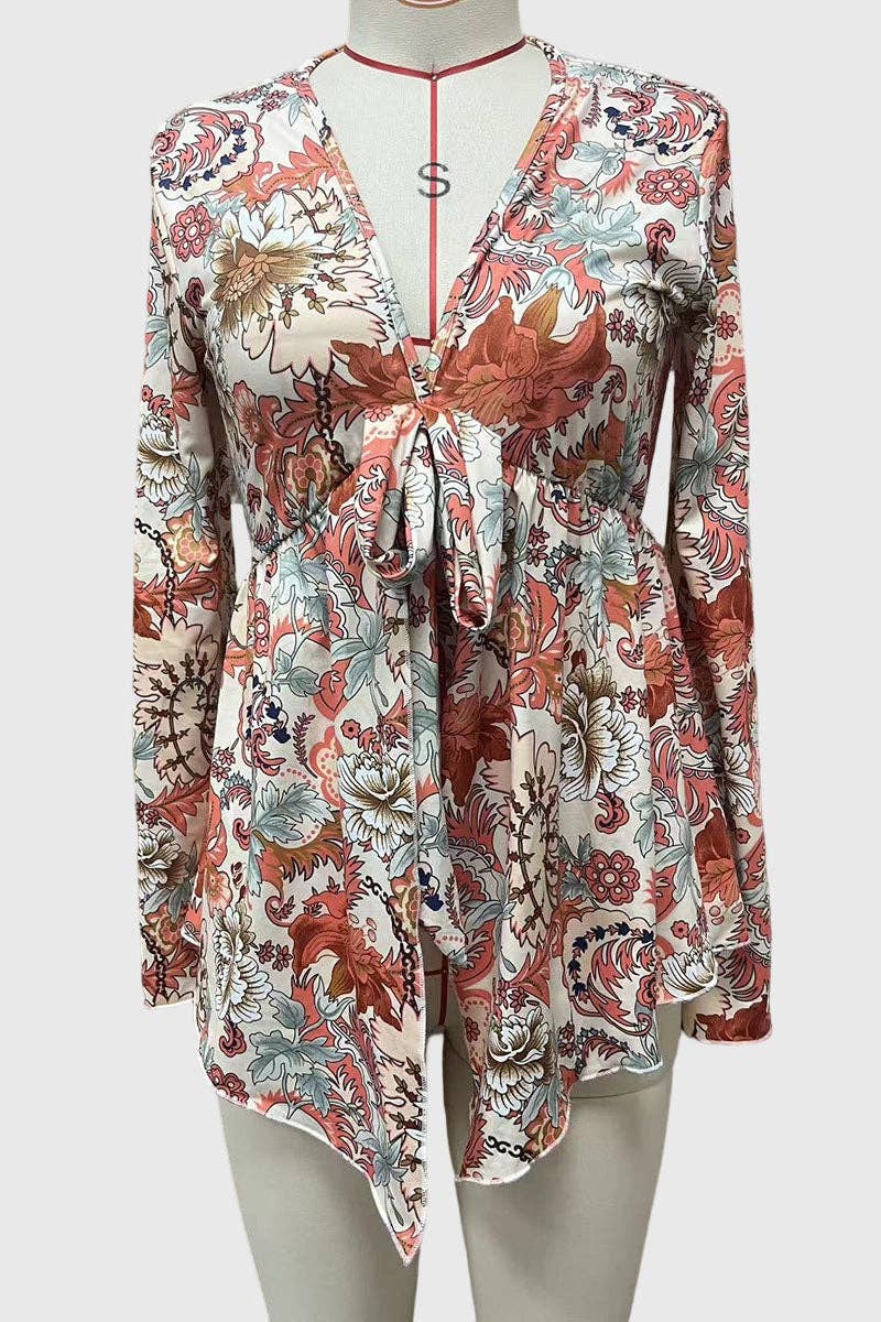 Floral V-Neck Tie Front Bell Sleeve Blouse: ORANGE / XL