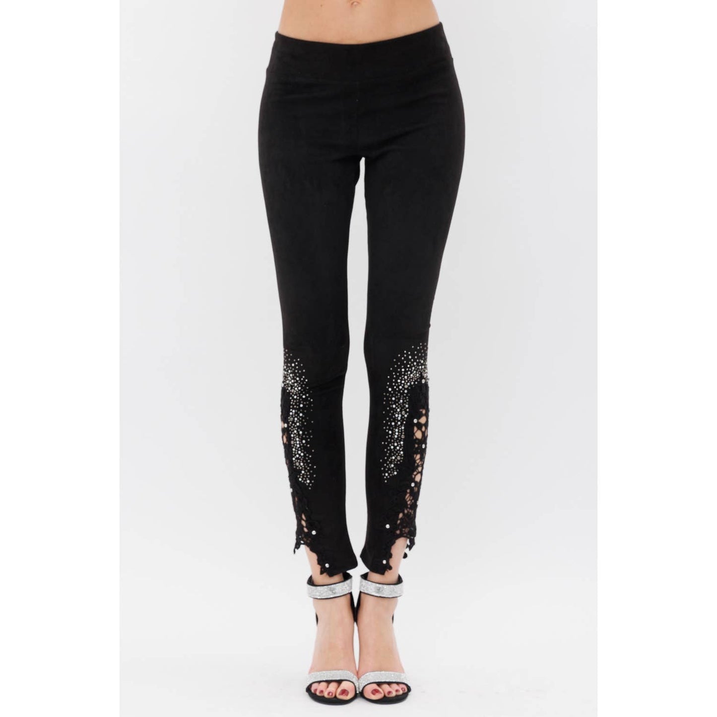 SUEDE LEGGINGS WITH CROCHET LACE RHINESTONE