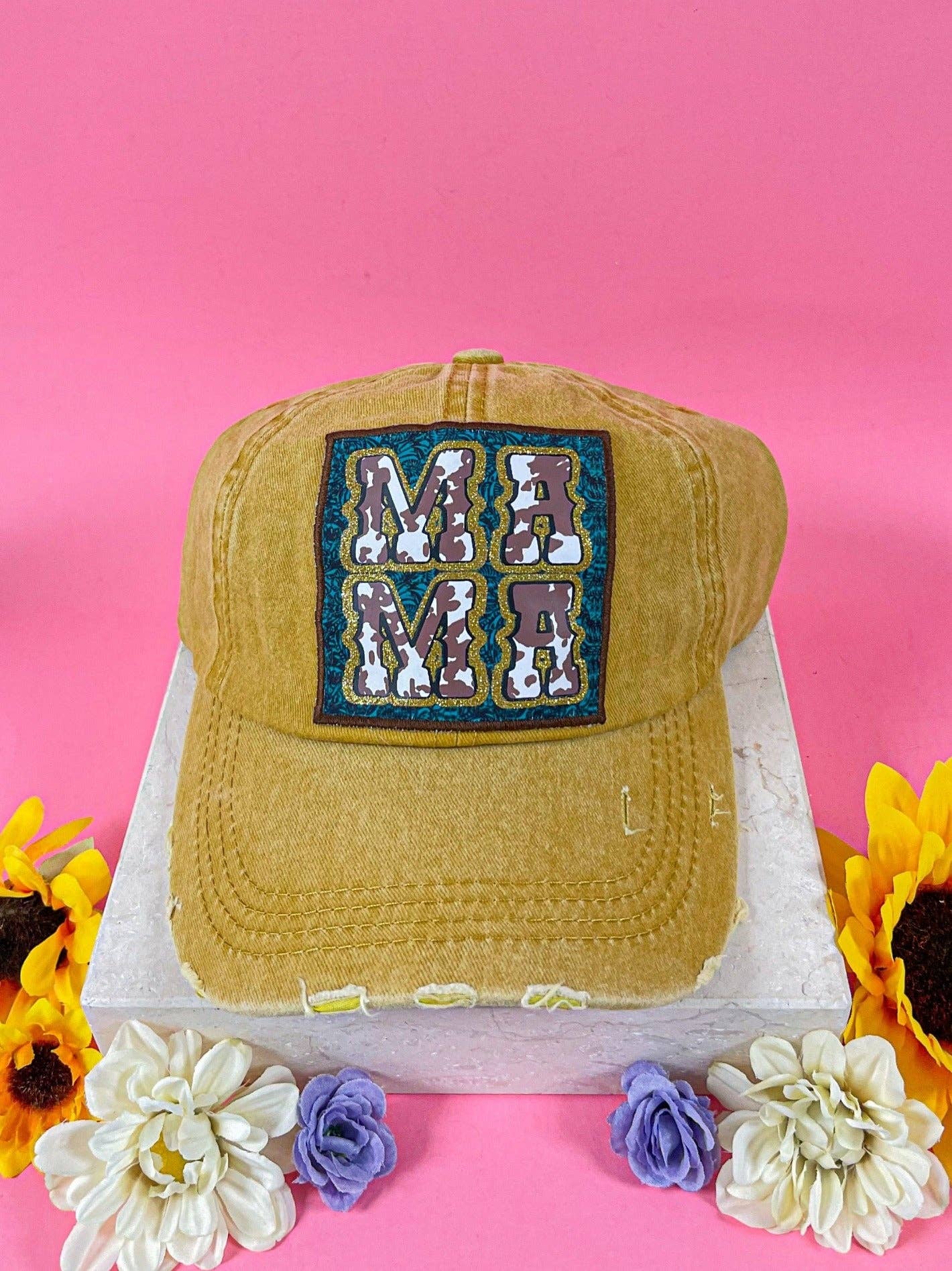 Mama Turquoise Patch on Distressed Mustard Hat