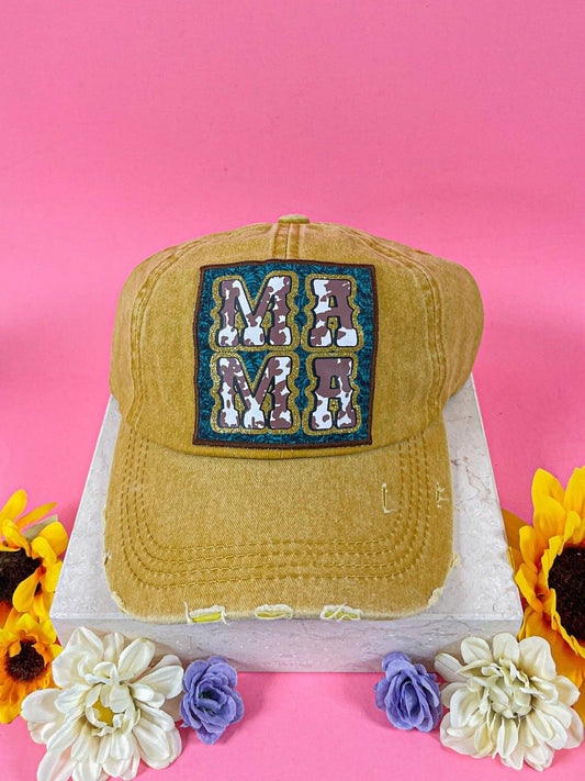 Mama Turquoise Patch on Distressed Mustard Hat