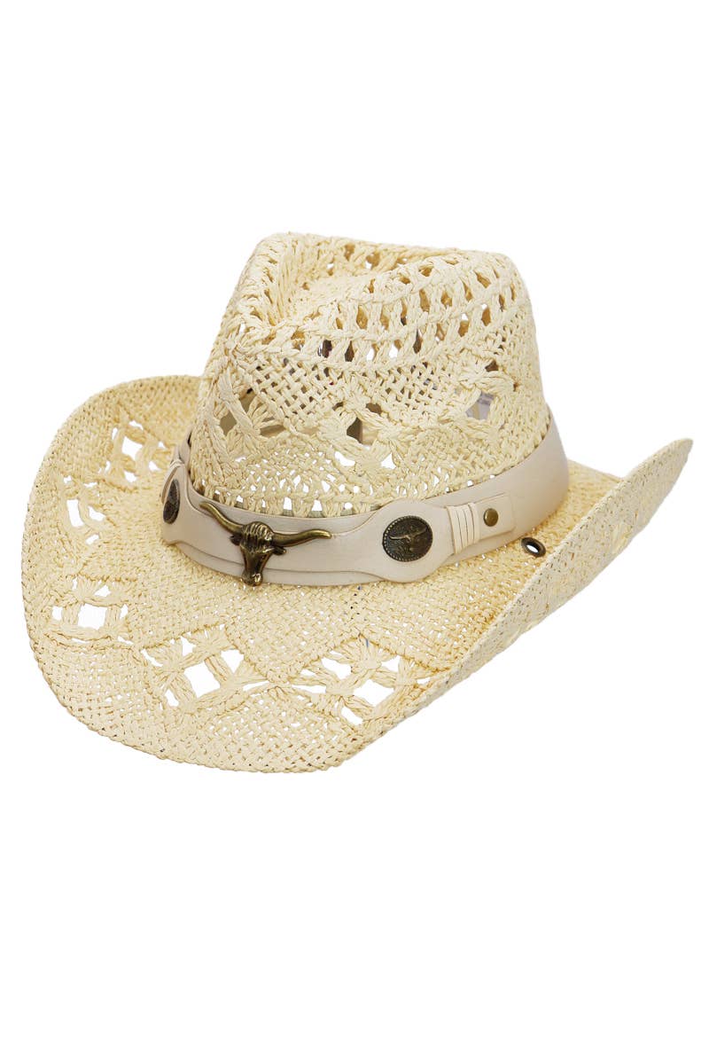 Longhorn Monochrome Belt Crochet Woven Cowboy Hat