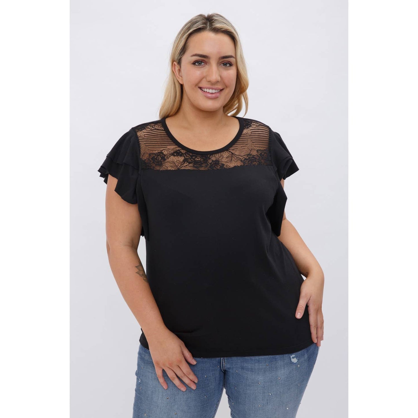 PLUS SIZE CROCHET LACE YOKE RUFFLE SHORT SLEEVE KNIT BLOUSE