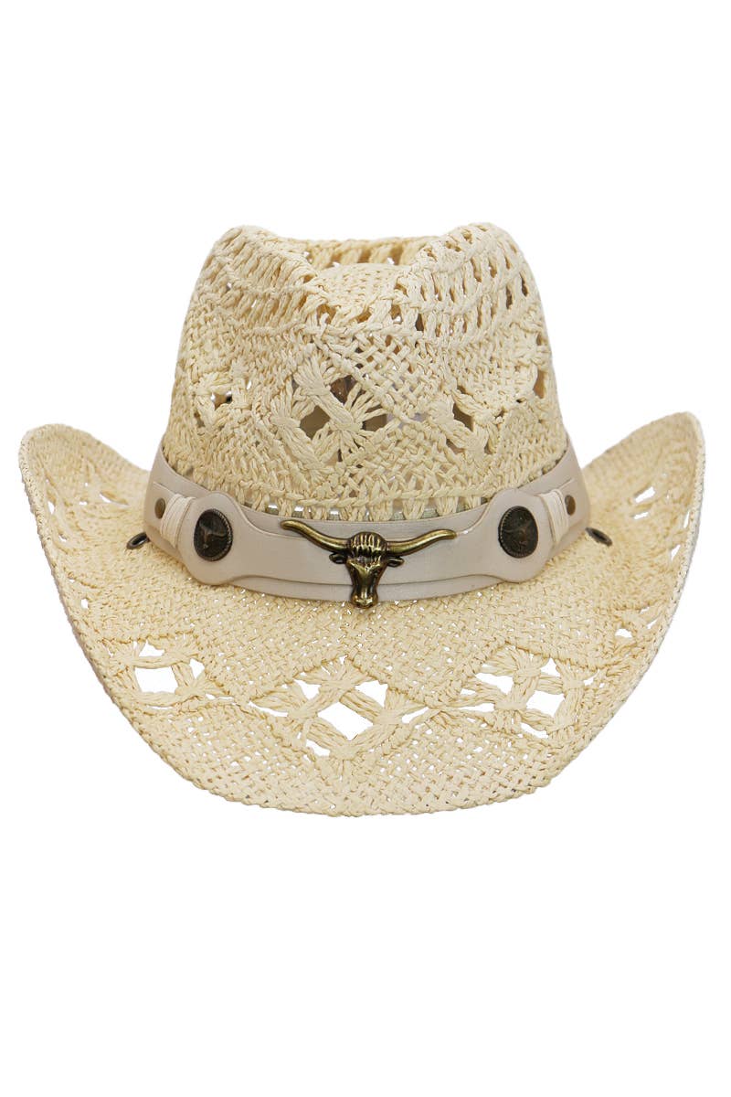 Longhorn Monochrome Belt Crochet Woven Cowboy Hat