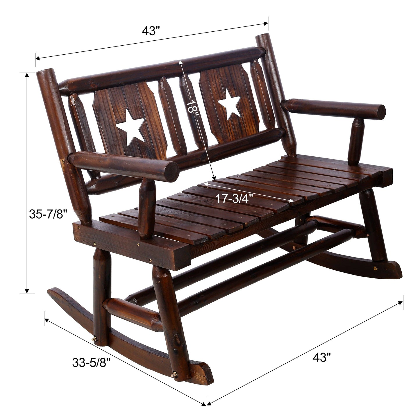 Rustic Brown Outdoor Wood Double Rocking Bench