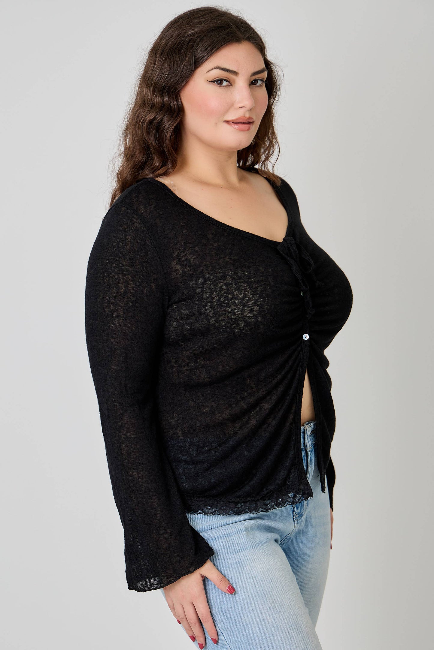 Plus Size Lightweight Knit Front Tie-Front Cardigan