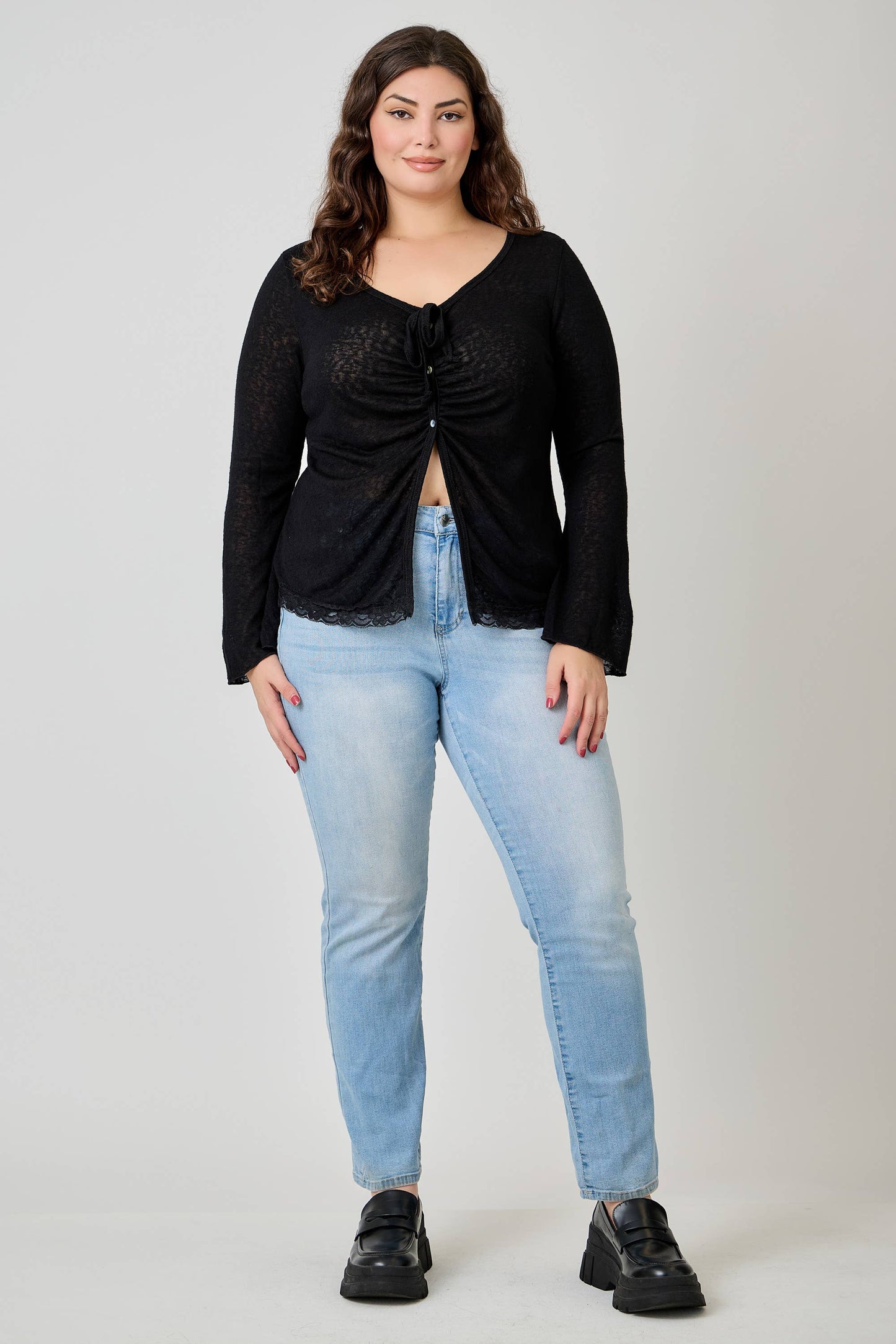 Plus Size Lightweight Knit Front Tie-Front Cardigan