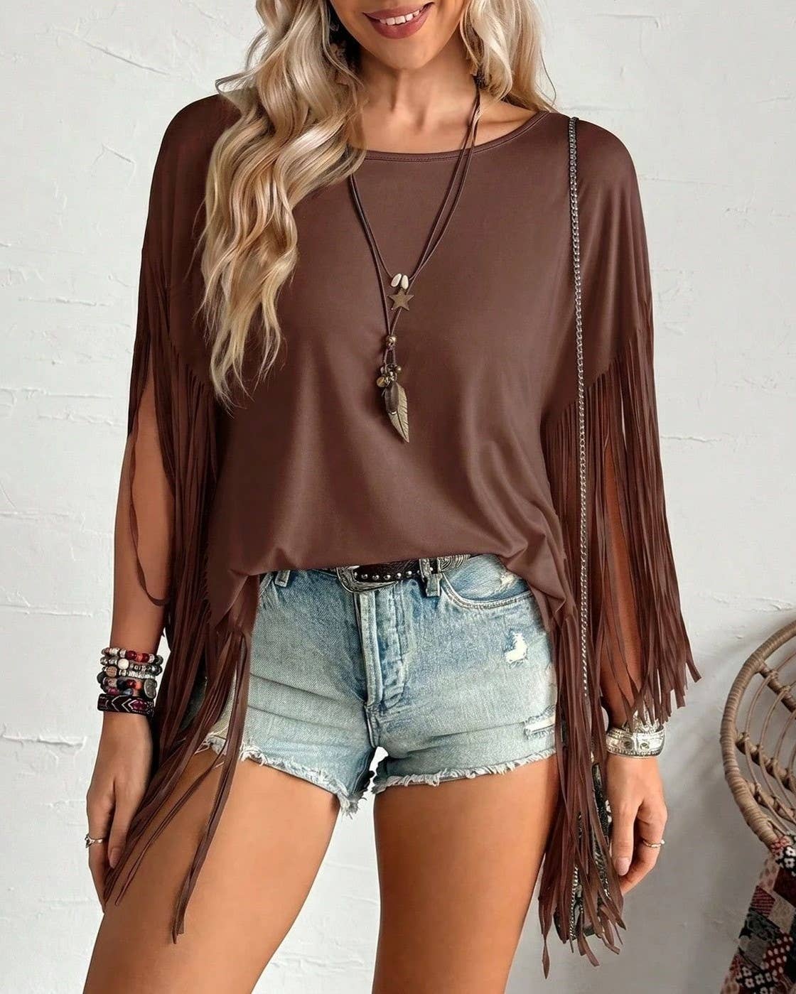 Western Country Concert Fringe Tassel Poncho Top: Coffee / XL