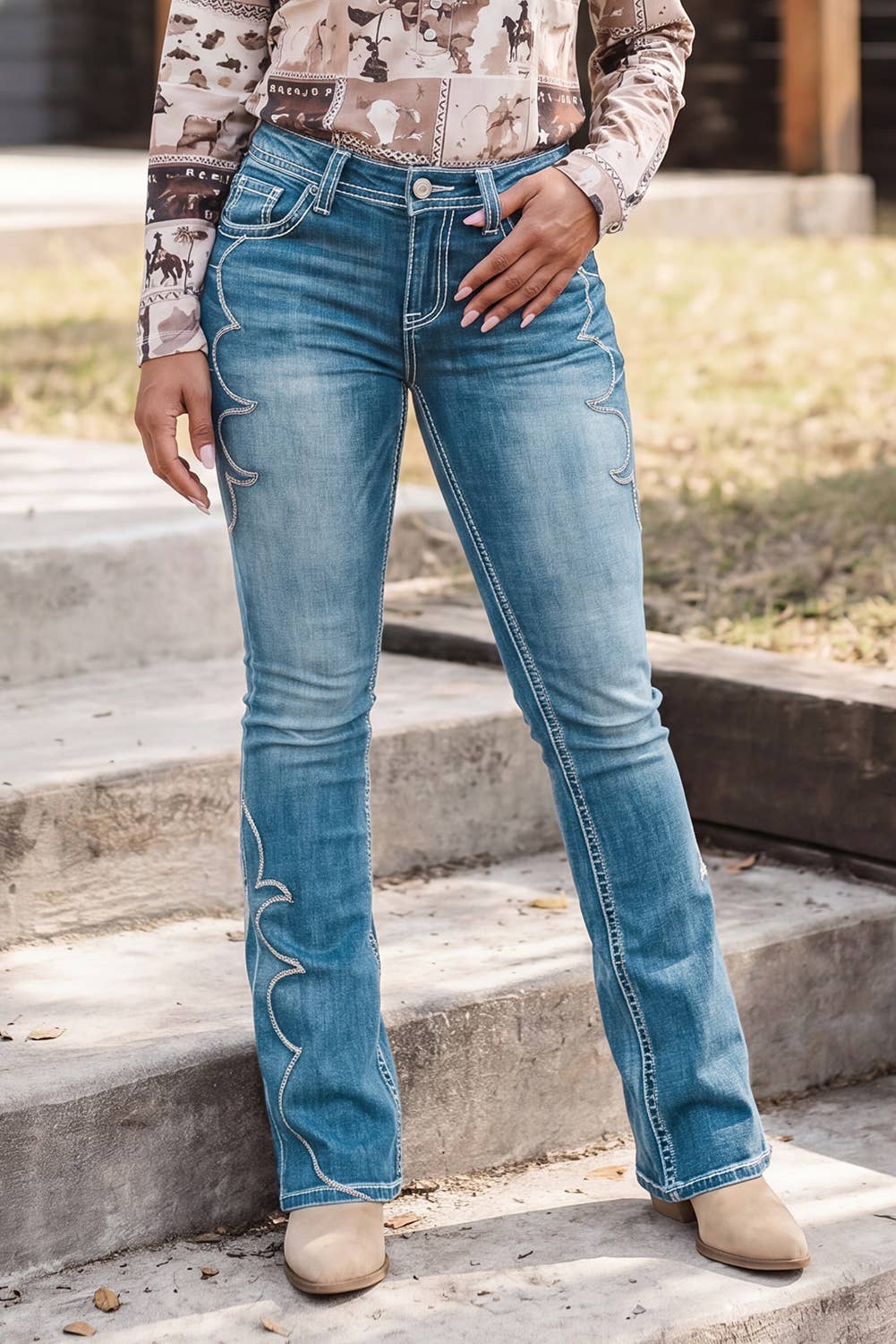 Western Embroidery Flare Jeans Casual Full-Length Pants