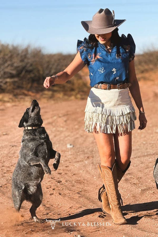 Ivory Stitched Tier Fringe Skirt