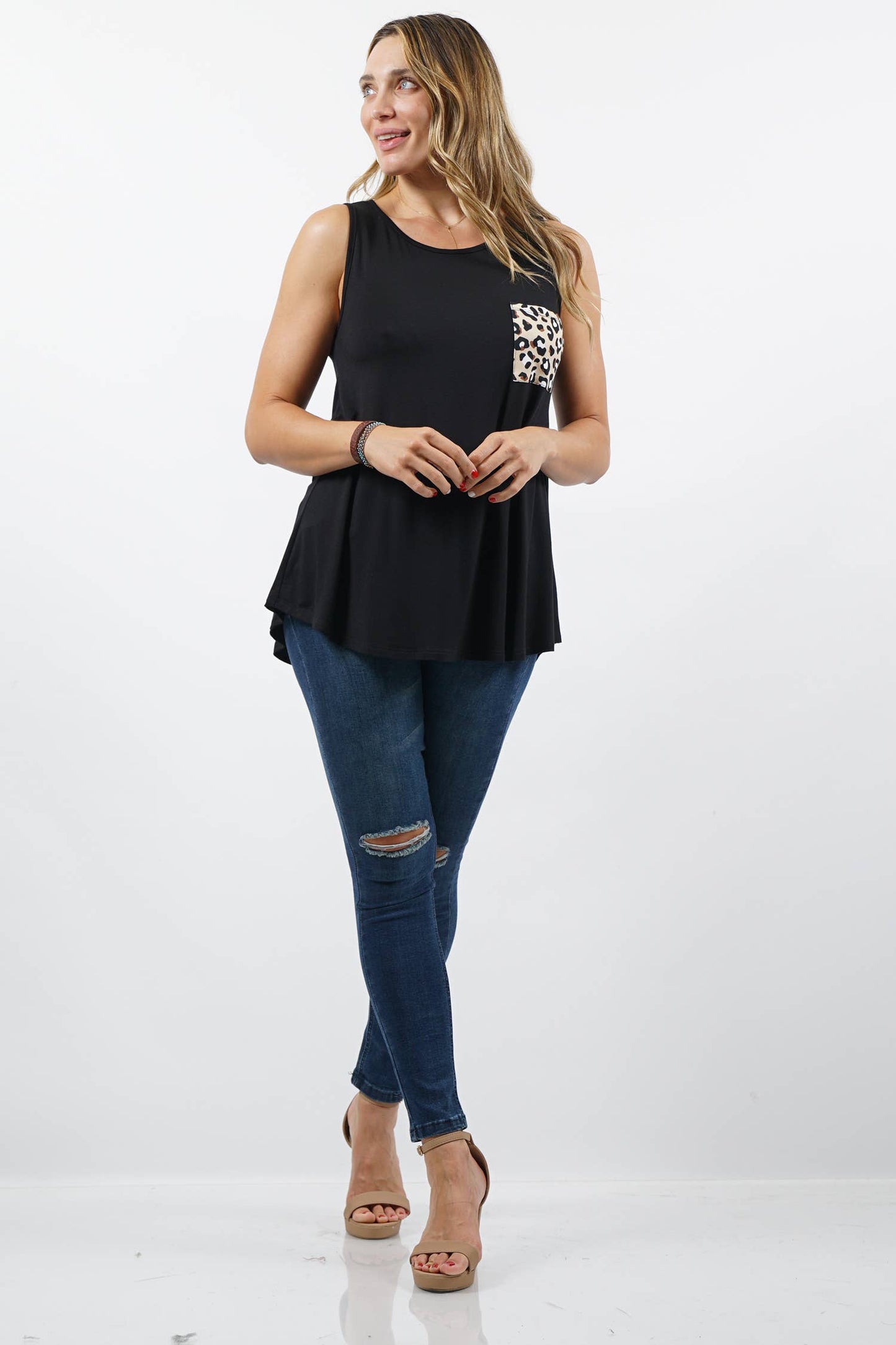 Leopard pocket sleeveless tunic-Black