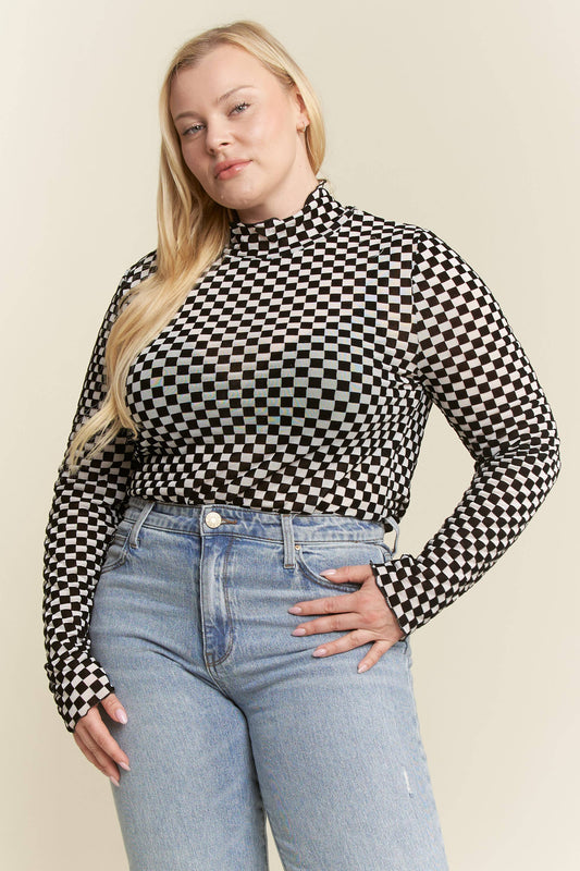 CHECKERED MESH MOCK NECK