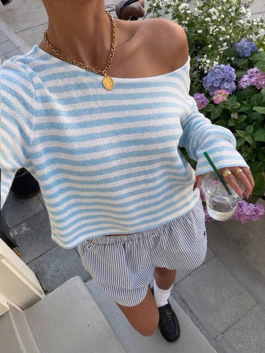 Effortless Chic Off Shoulder Contrast Striped Knit Top: Khaki / 2XL