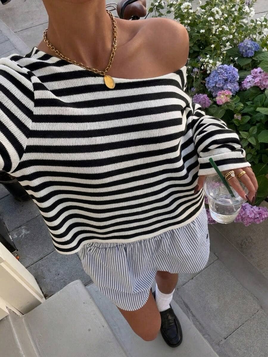 Effortless Chic Off Shoulder Contrast Striped Knit Top: Khaki / L