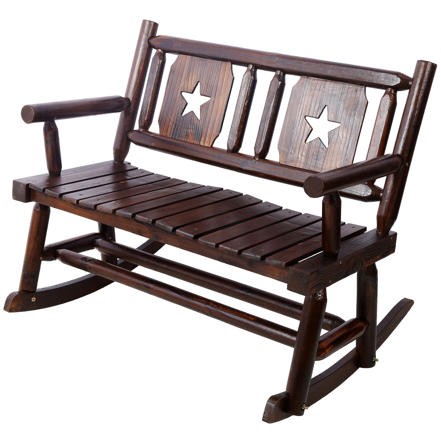 Rustic Brown Outdoor Wood Double Rocking Bench